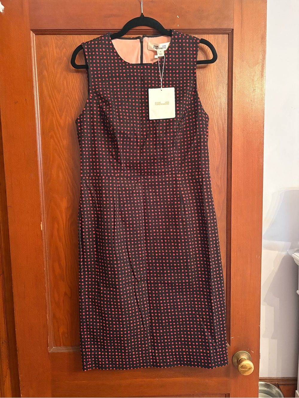 Diane Von Furstenberg Sleeveless Sheath Dress in Black with Red Polka Dot